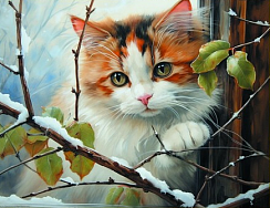Алмазная мозаика "Котик у ветки" 40х50