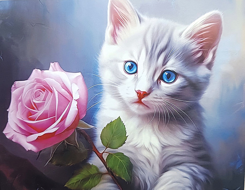 Алмазная мозаика Котенок и роза 40*50